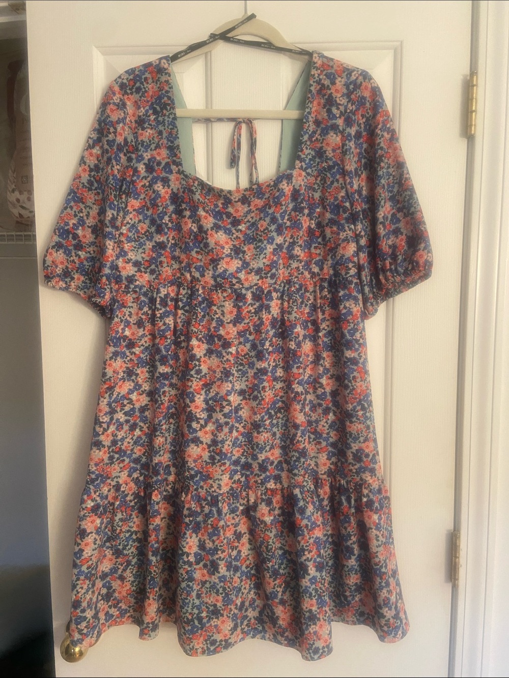Floral Square-Neck Dress - Blue & Pink